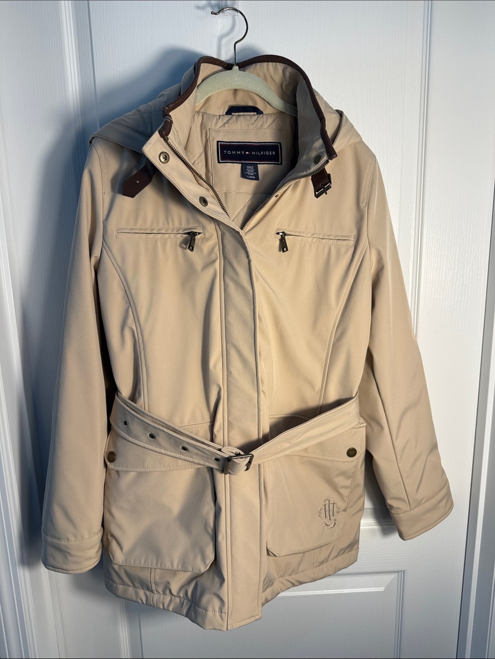 Tommy Hilfiger Women's Cream Hooded Belted Trench Coat Sz L